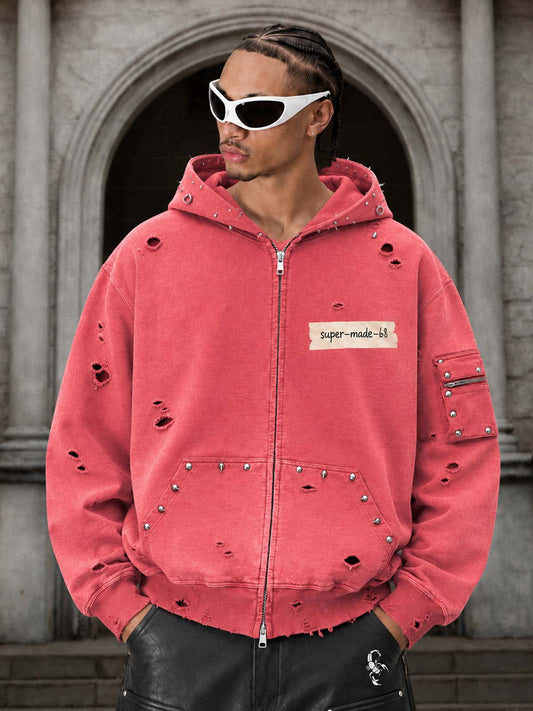 Moletom Pavtros Supermade Distressed Studs Red Zip-Up