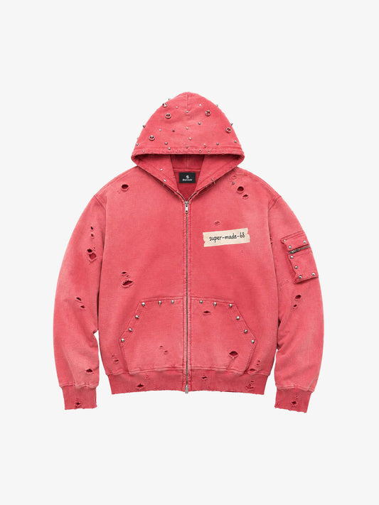 Moletom Pavtros Supermade Distressed Studs Red Zip-Up