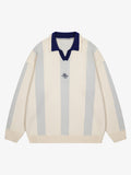 Vertical Striped Colorblock Lapel Sweater - 2587