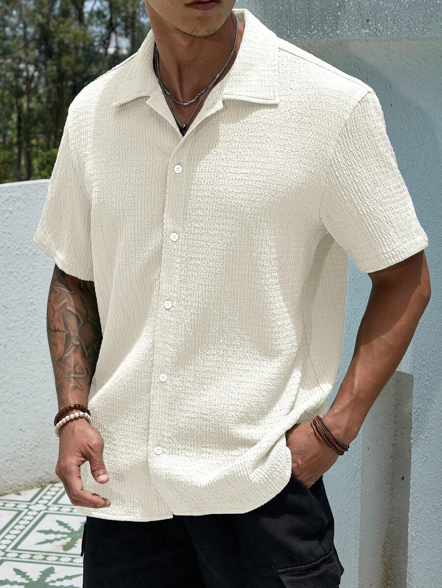 ResortEase Camisa Casual de Manga Curta com Botões e Cor Sólida, Ajuste Folgado, Férias