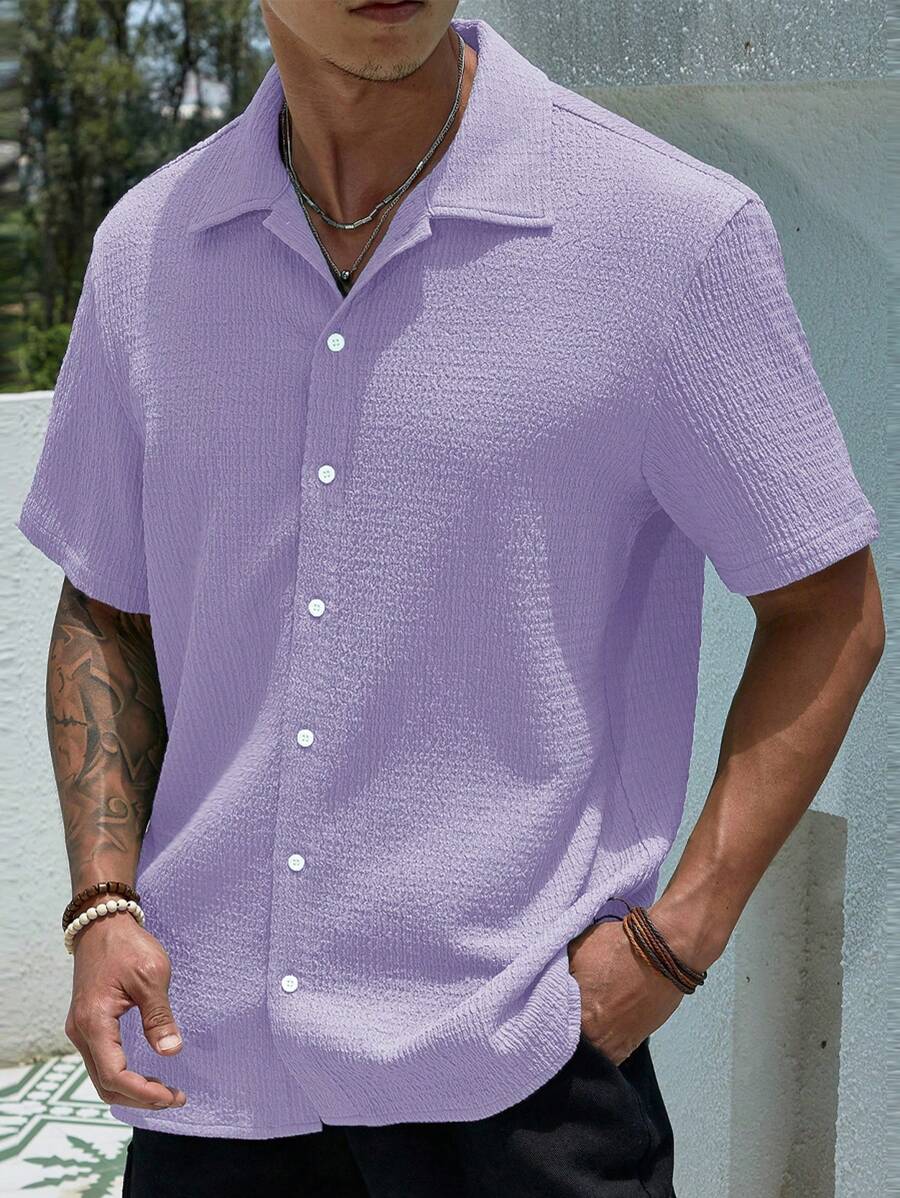ResortEase Camisa Casual de Manga Curta com Botões e Cor Sólida, Ajuste Folgado, Férias