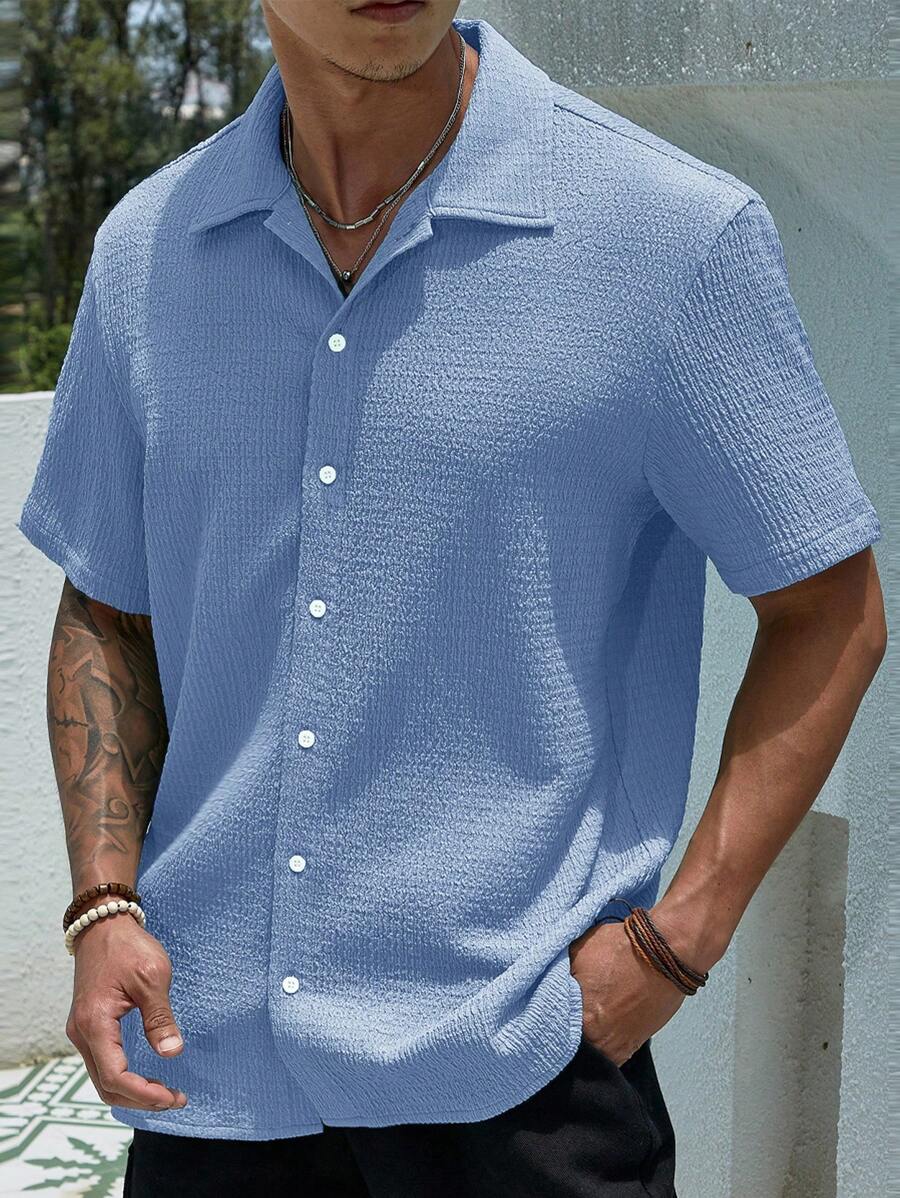 ResortEase Camisa Casual de Manga Curta com Botões e Cor Sólida, Ajuste Folgado, Férias
