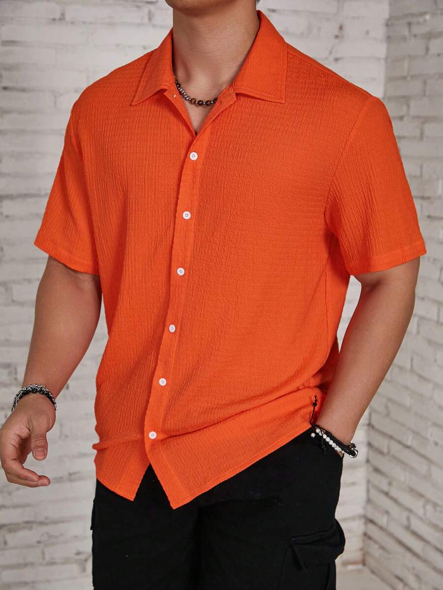 ResortEase Camisa Casual de Manga Curta com Botões e Cor Sólida, Ajuste Folgado, Férias