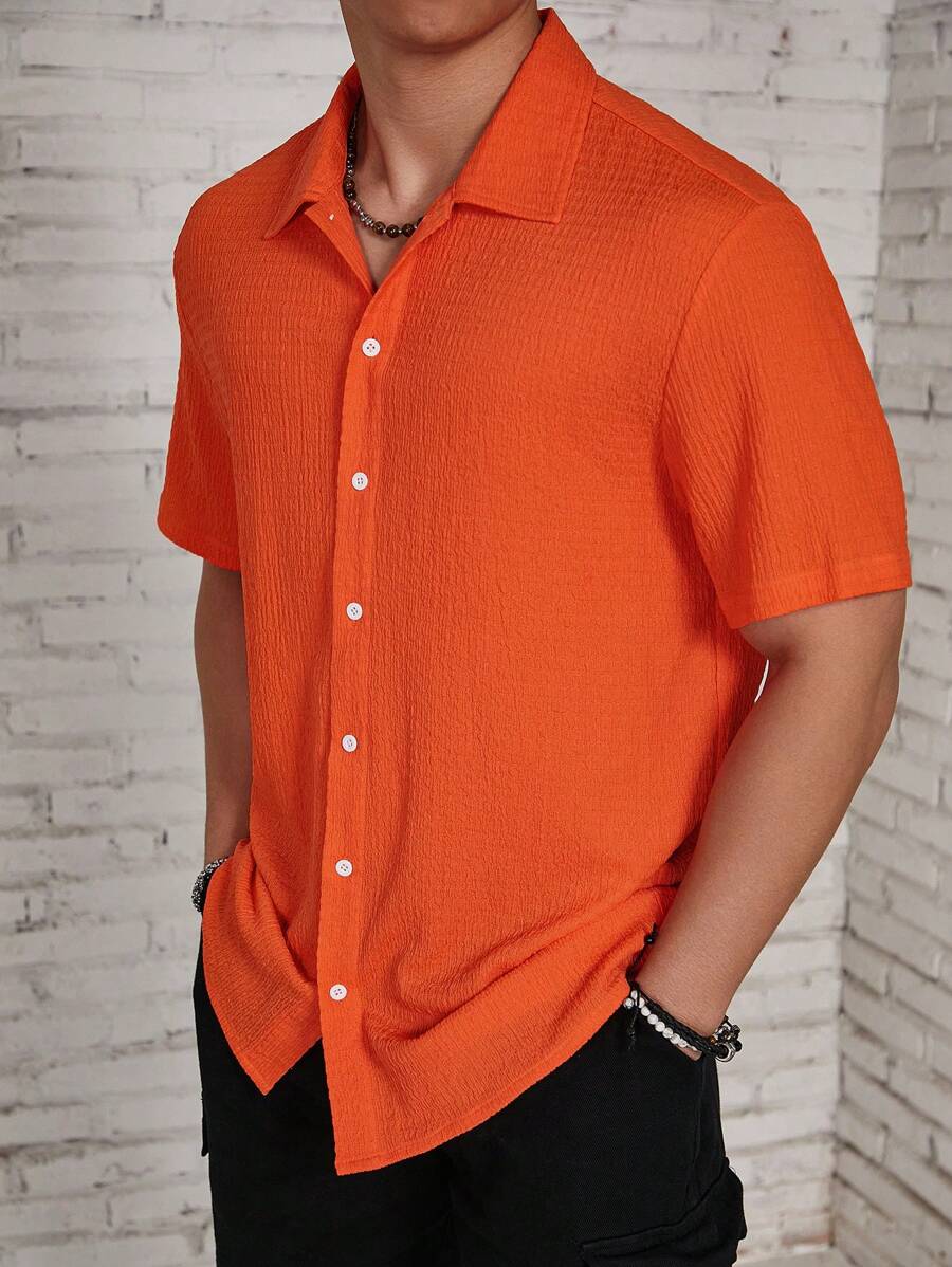 ResortEase Camisa Casual de Manga Curta com Botões e Cor Sólida, Ajuste Folgado, Férias