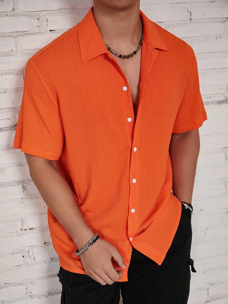 ResortEase Camisa Casual de Manga Curta com Botões e Cor Sólida, Ajuste Folgado, Férias