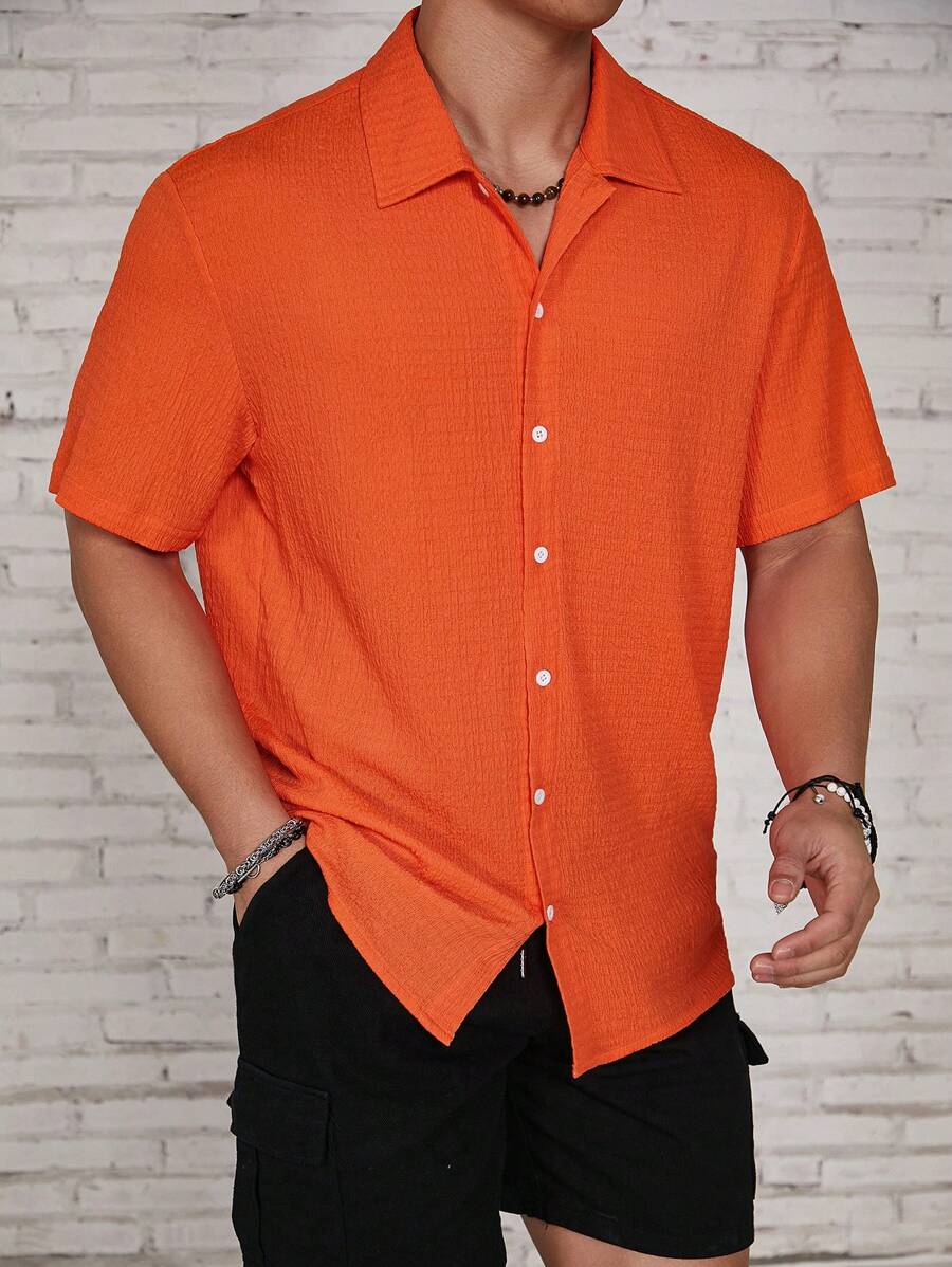 ResortEase Camisa Casual de Manga Curta com Botões e Cor Sólida, Ajuste Folgado, Férias