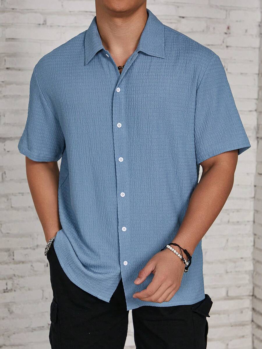 ResortEase Camisa Casual de Manga Curta com Botões e Cor Sólida, Ajuste Folgado, Férias
