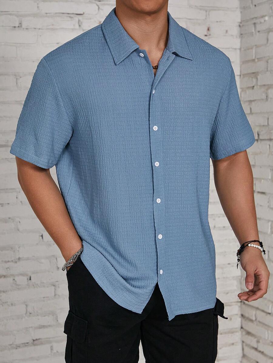 ResortEase Camisa Casual de Manga Curta com Botões e Cor Sólida, Ajuste Folgado, Férias