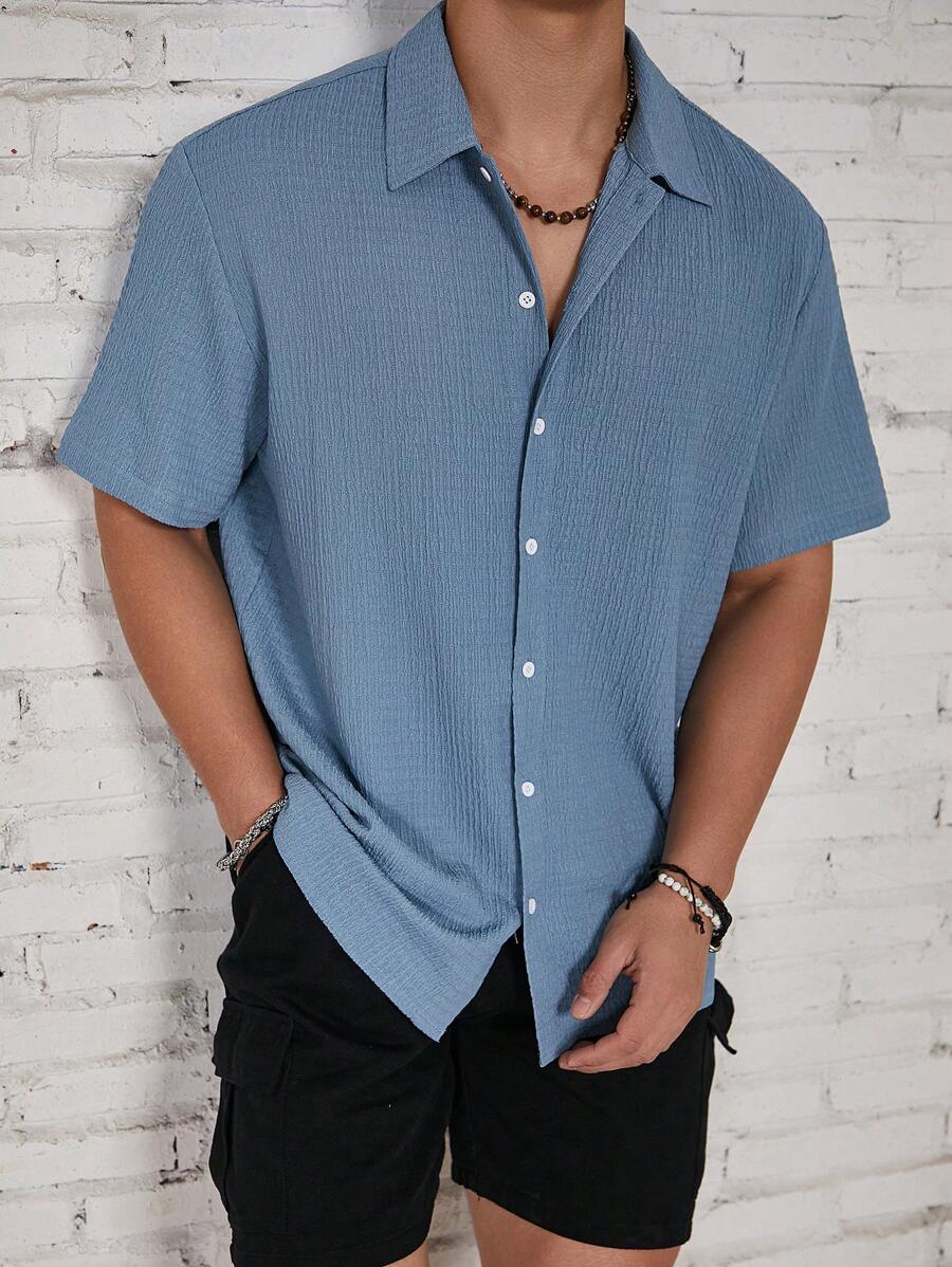ResortEase Camisa Casual de Manga Curta com Botões e Cor Sólida, Ajuste Folgado, Férias