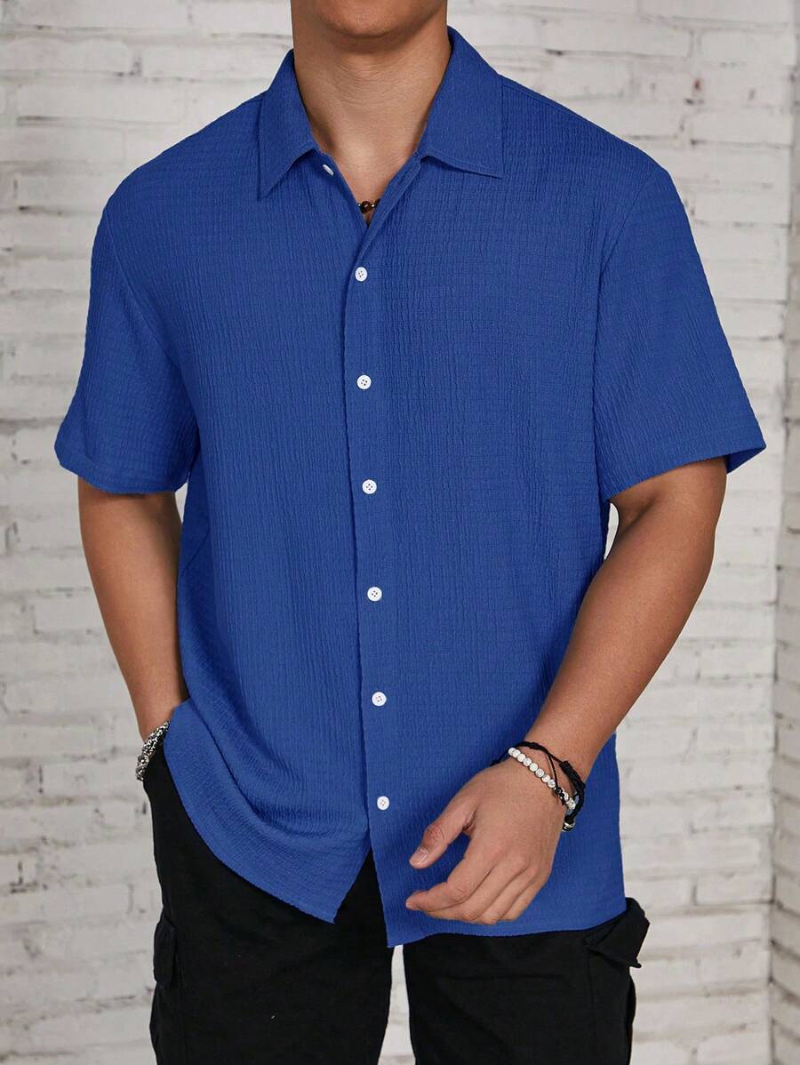 ResortEase Camisa Casual de Manga Curta com Botões e Cor Sólida, Ajuste Folgado, Férias