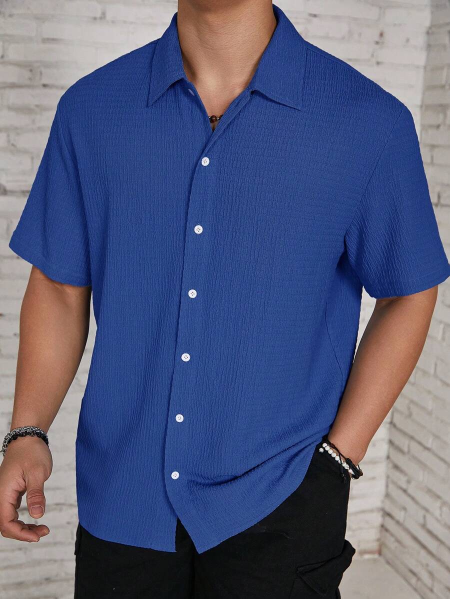 ResortEase Camisa Casual de Manga Curta com Botões e Cor Sólida, Ajuste Folgado, Férias