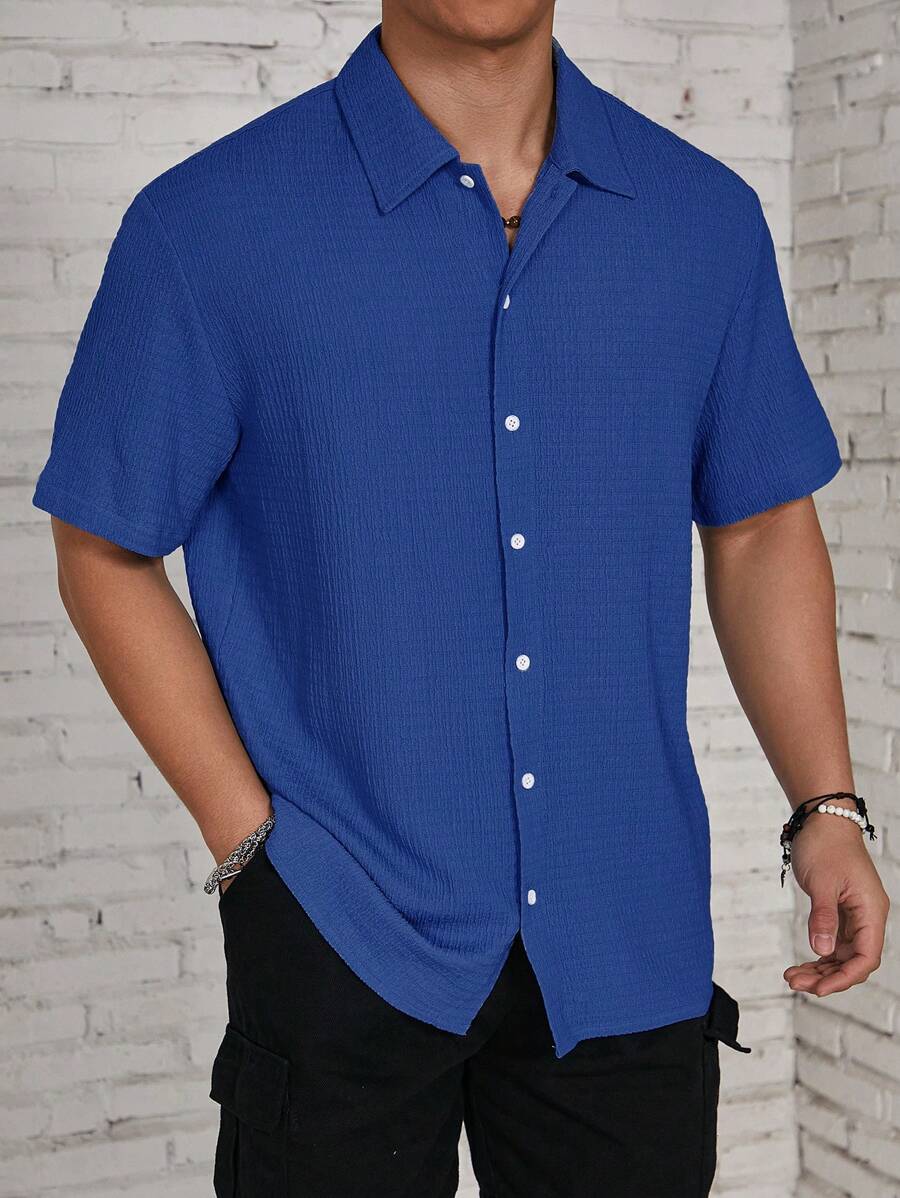 ResortEase Camisa Casual de Manga Curta com Botões e Cor Sólida, Ajuste Folgado, Férias