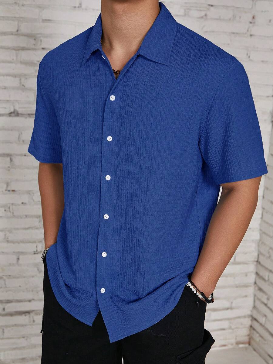 ResortEase Camisa Casual de Manga Curta com Botões e Cor Sólida, Ajuste Folgado, Férias