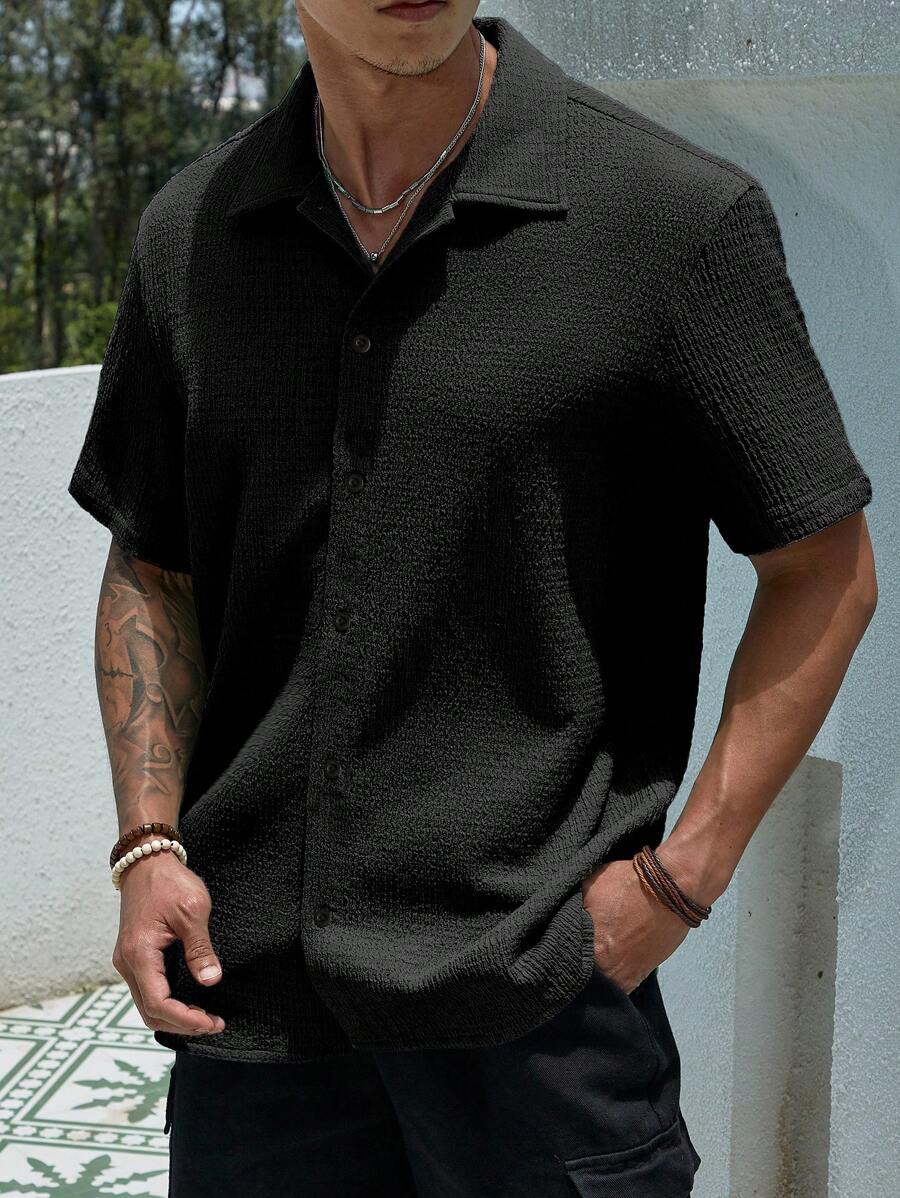ResortEase Camisa Casual de Manga Curta com Botões e Cor Sólida, Ajuste Folgado, Férias