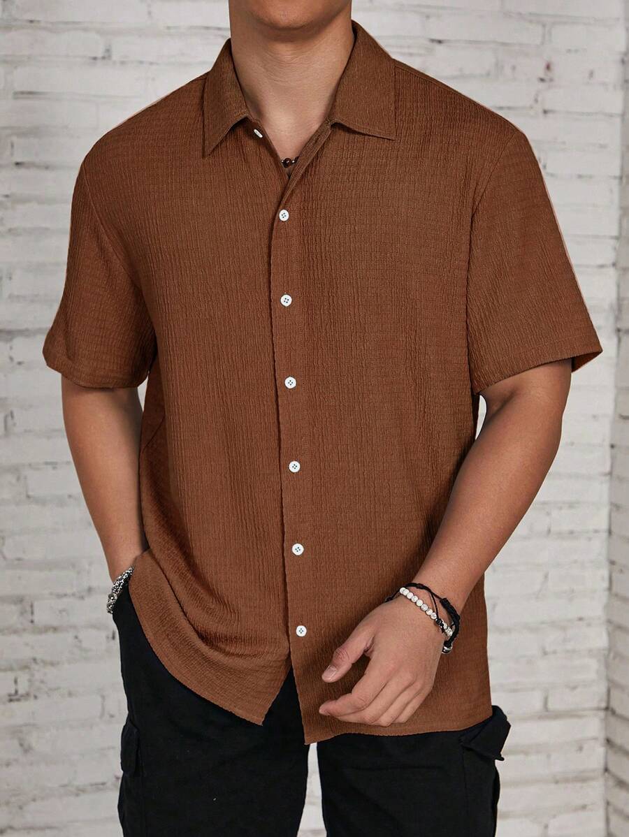 ResortEase Camisa Casual de Manga Curta com Botões e Cor Sólida, Ajuste Folgado, Férias