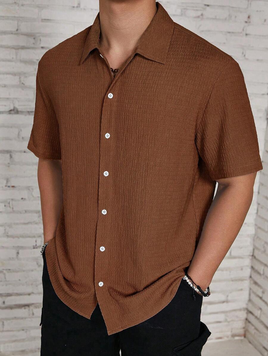 ResortEase Camisa Casual de Manga Curta com Botões e Cor Sólida, Ajuste Folgado, Férias