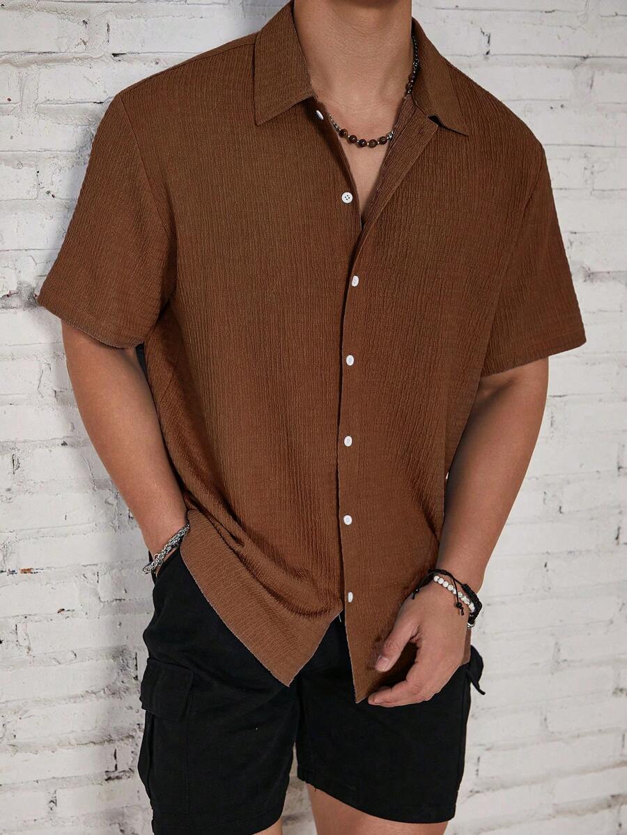 ResortEase Camisa Casual de Manga Curta com Botões e Cor Sólida, Ajuste Folgado, Férias