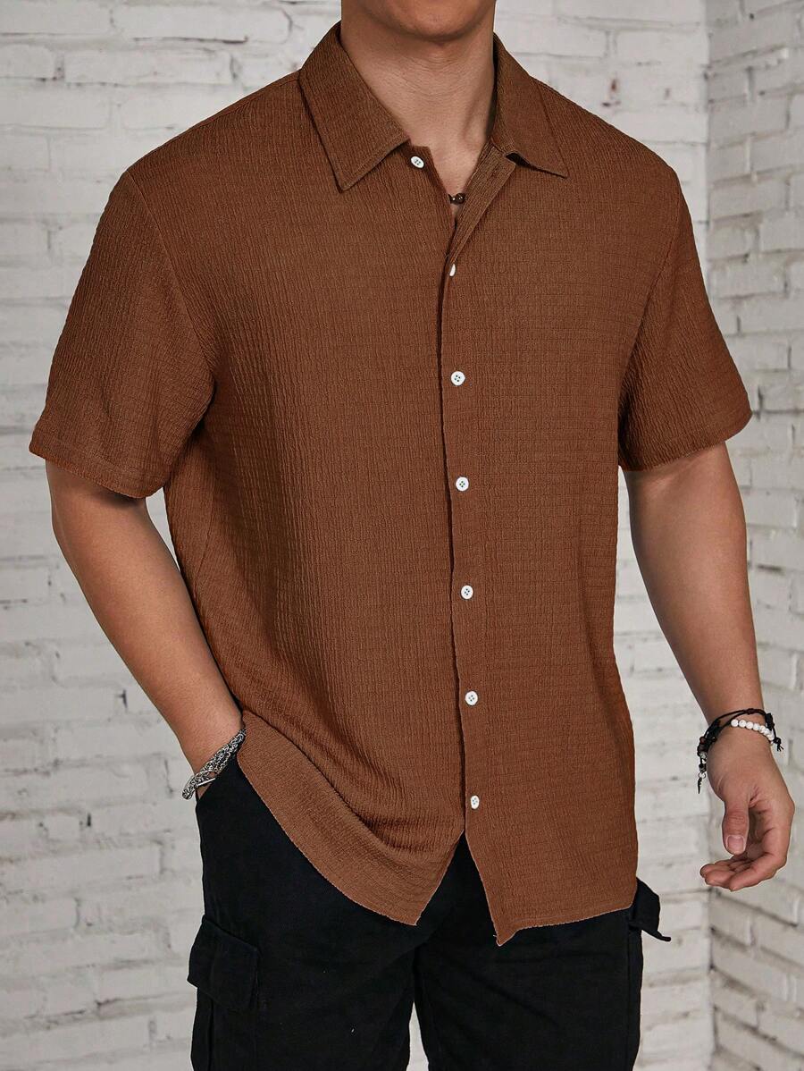 ResortEase Camisa Casual de Manga Curta com Botões e Cor Sólida, Ajuste Folgado, Férias