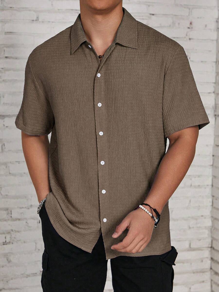 ResortEase Camisa Casual de Manga Curta com Botões e Cor Sólida, Ajuste Folgado, Férias