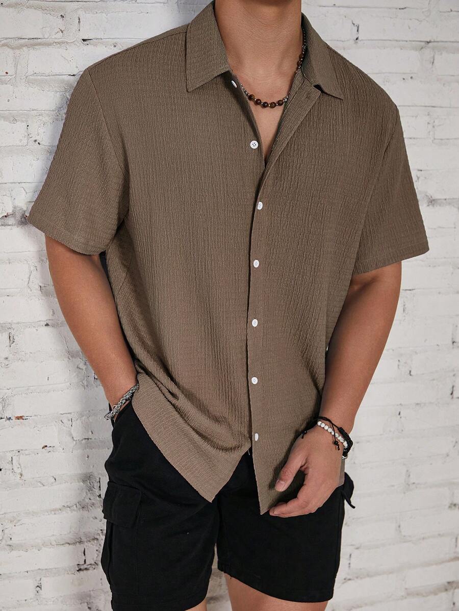 ResortEase Camisa Casual de Manga Curta com Botões e Cor Sólida, Ajuste Folgado, Férias