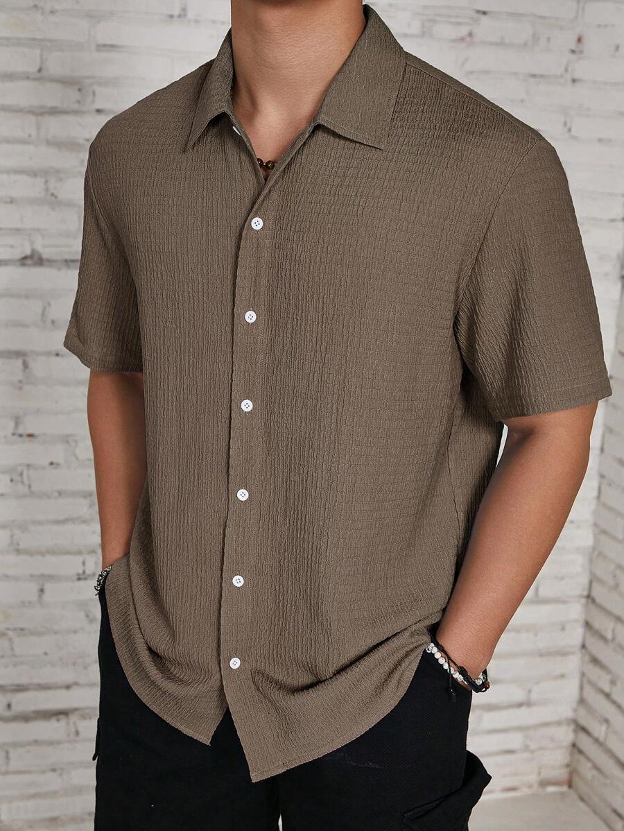 ResortEase Camisa Casual de Manga Curta com Botões e Cor Sólida, Ajuste Folgado, Férias