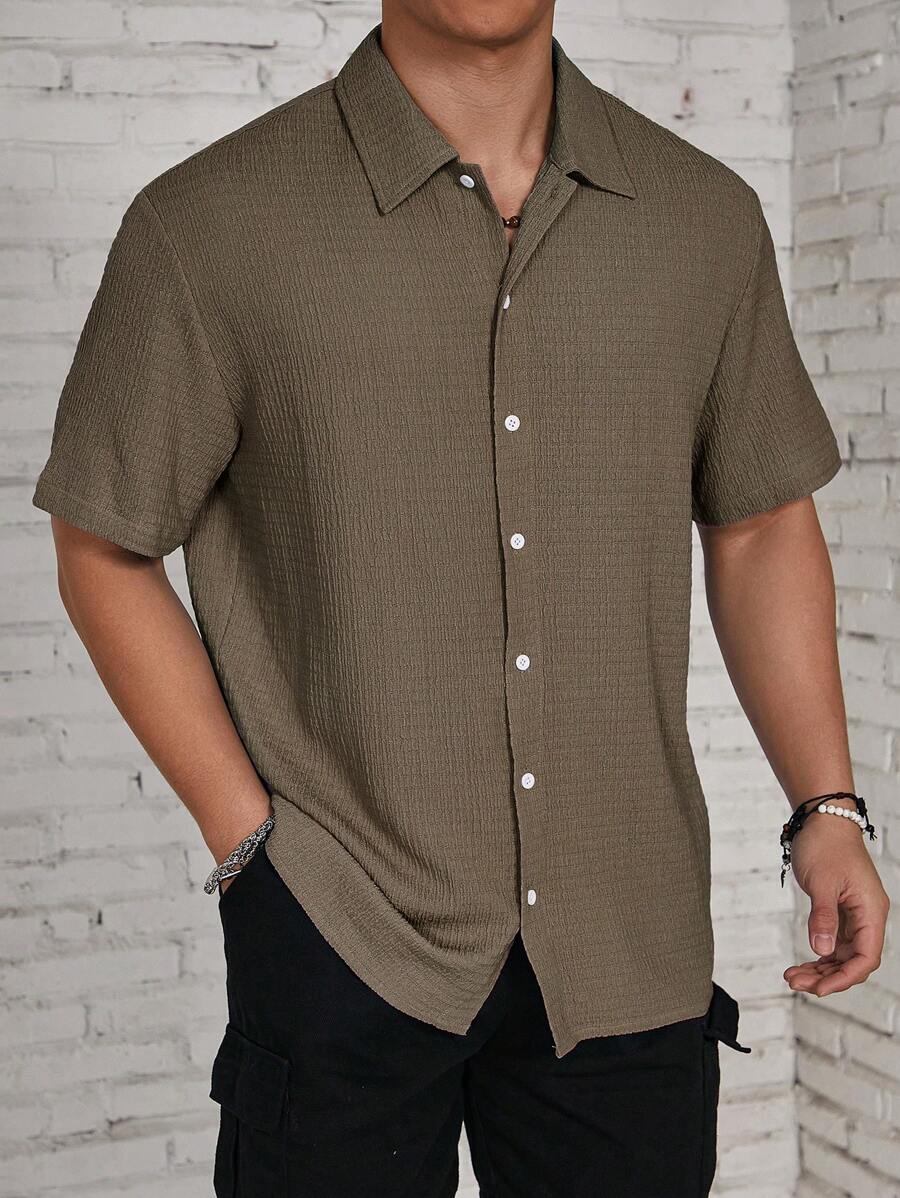 ResortEase Camisa Casual de Manga Curta com Botões e Cor Sólida, Ajuste Folgado, Férias