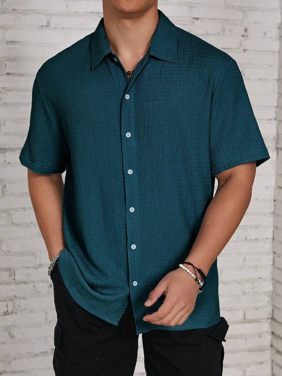 ResortEase Camisa Casual de Manga Curta com Botões e Cor Sólida, Ajuste Folgado, Férias
