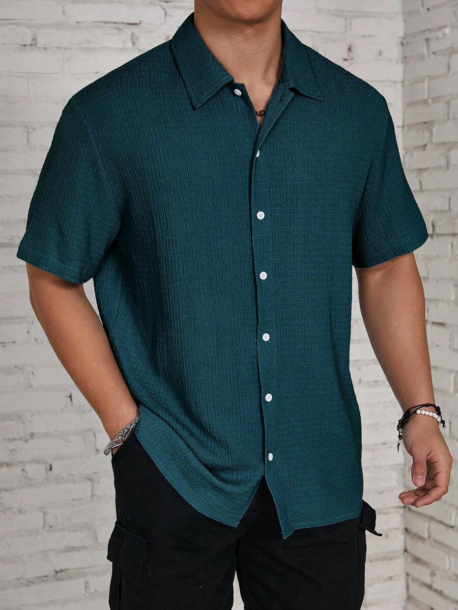 ResortEase Camisa Casual de Manga Curta com Botões e Cor Sólida, Ajuste Folgado, Férias