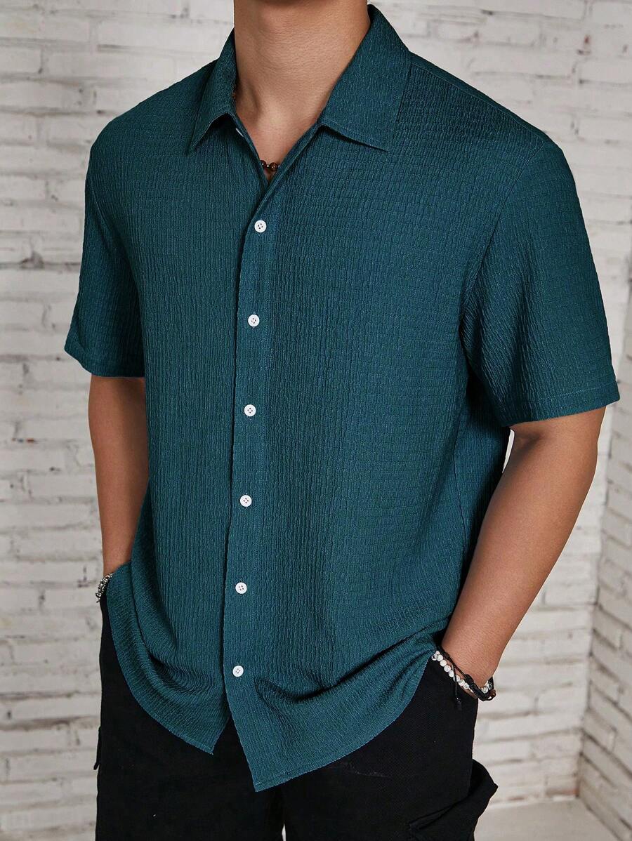 ResortEase Camisa Casual de Manga Curta com Botões e Cor Sólida, Ajuste Folgado, Férias