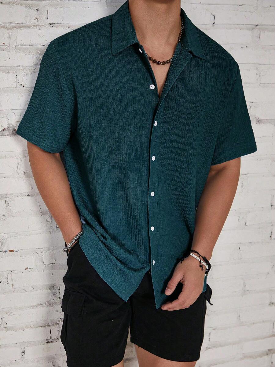 ResortEase Camisa Casual de Manga Curta com Botões e Cor Sólida, Ajuste Folgado, Férias