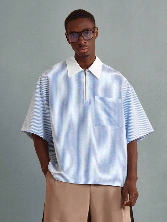 Camisa Polo Pavtros Striped Half-Zip White Collar