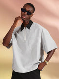 SUMWON Camisa Polo Listrada Casual Oversized de Meio Zíper, Primavera Verão, Negócios, Zíper Parcial Inteligente, Gola, Bolso, Roupas Esportivas, Conforto, Traje de Escritório