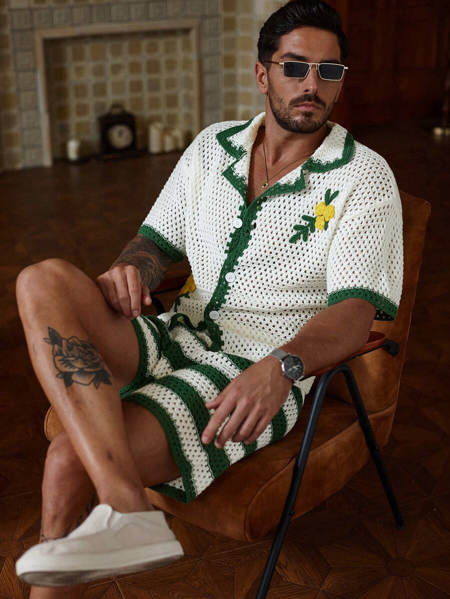 Shorts Pavtros Tricô Crochê Acabamento Contrastante