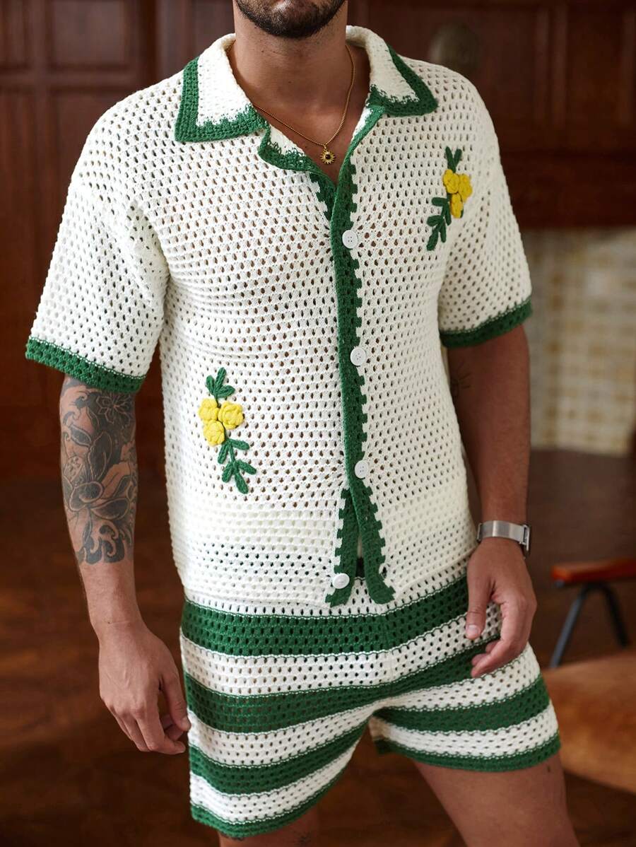 Shorts Pavtros Tricô Crochê Acabamento Contrastante