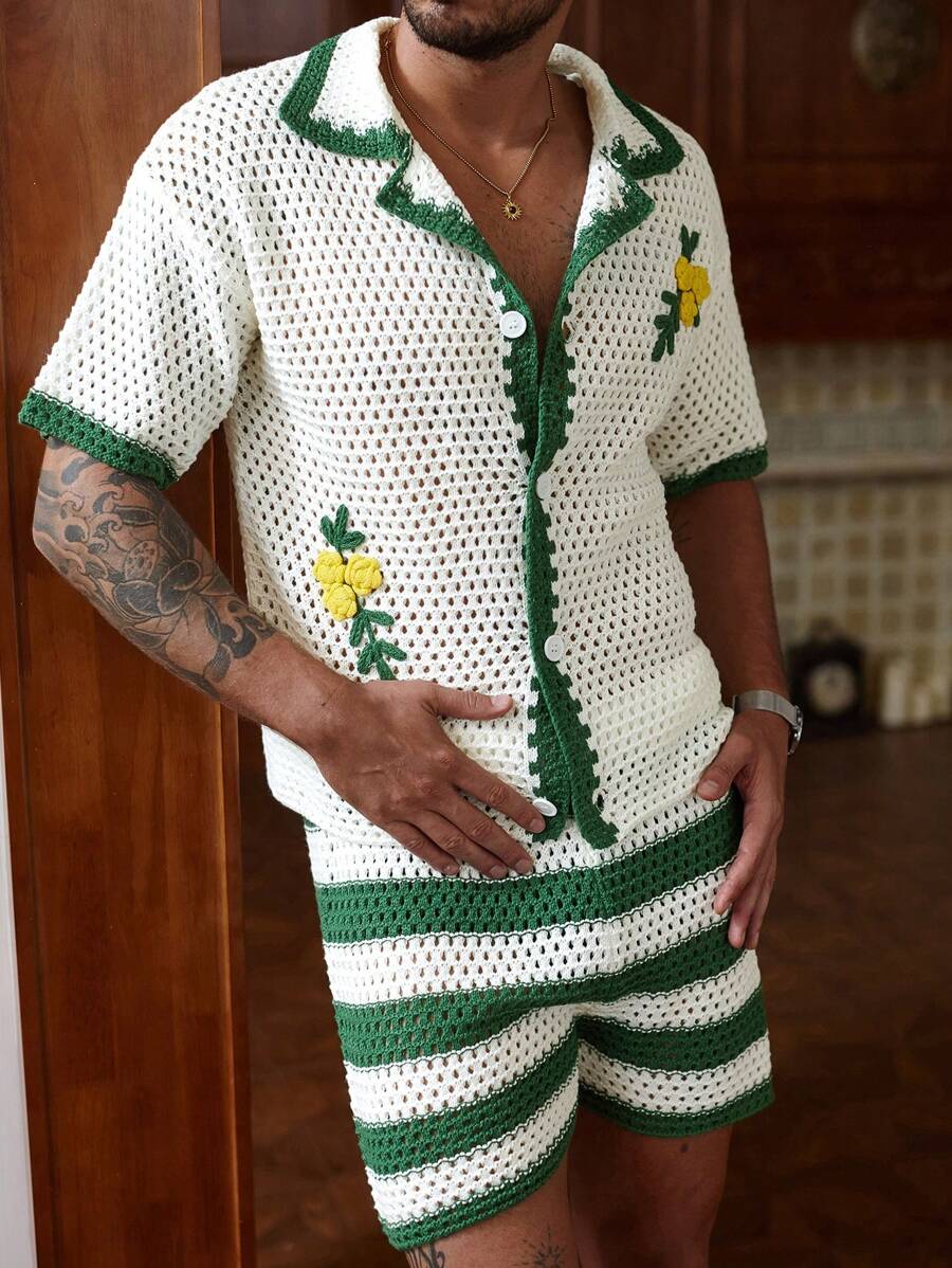 Shorts Pavtros Tricô Crochê Acabamento Contrastante