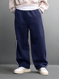 SUMWON Calça de Moletom Relaxada com Ajuste de Barril, Detalhe de Listras Laterais e Cordão na Cintura para Conforto Casual do Dia a Dia, Lisa