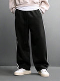 SUMWON Calça de Moletom Relaxada com Ajuste de Barril, Detalhe de Listras Laterais e Cordão na Cintura para Conforto Casual do Dia a Dia, Lisa