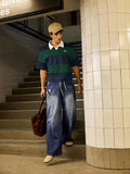 SWAVVY Camisa Polo Masculina Casual de Verão, Ajuste Solto, Tamanho Padrão, Blocos de Cores Sólidas Azul e Branco