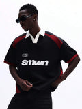 SUMWON Camisa Polo de Manga Curta de Verão com Recortes Impressos, Ajuste Casual, Design Colorblock e Detalhe de Gola Branca