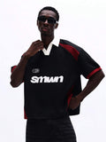 SUMWON Camisa Polo de Manga Curta de Verão com Recortes Impressos, Ajuste Casual, Design Colorblock e Detalhe de Gola Branca