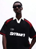 SUMWON Camisa Polo de Manga Curta de Verão com Recortes Impressos, Ajuste Casual, Design Colorblock e Detalhe de Gola Branca