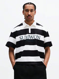 SUMWON Camisa Polo Relaxada com Listras Horizontais e Estampa de Logo para Uso Casual Diário, Conforto na Primavera e Verão