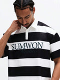 SUMWON Camisa Polo Relaxada com Listras Horizontais e Estampa de Logo para Uso Casual Diário, Conforto na Primavera e Verão