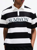 SUMWON Camisa Polo Relaxada com Listras Horizontais e Estampa de Logo para Uso Casual Diário, Conforto na Primavera e Verão