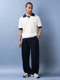 SUMWON Camisa Polo de Malha Canelada com Gola de Contraste, Manga Curta, Botões Até a Metade, Caimento Regular, Estilo Casual de Primavera e Verão, Vintage