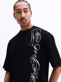 SUMWON Camiseta de Manga Curta Gráfica Oversized Masculina com Design de Impressão em Estilo de Roteiro, Preta, Casual de Algodão, Estilo Streetwear Diário