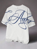 STYNVO Camiseta Branca Solta com Estampa de Letra, Ombros Caídos, Casual para Férias e Transporte, Moda de Rua, Verão