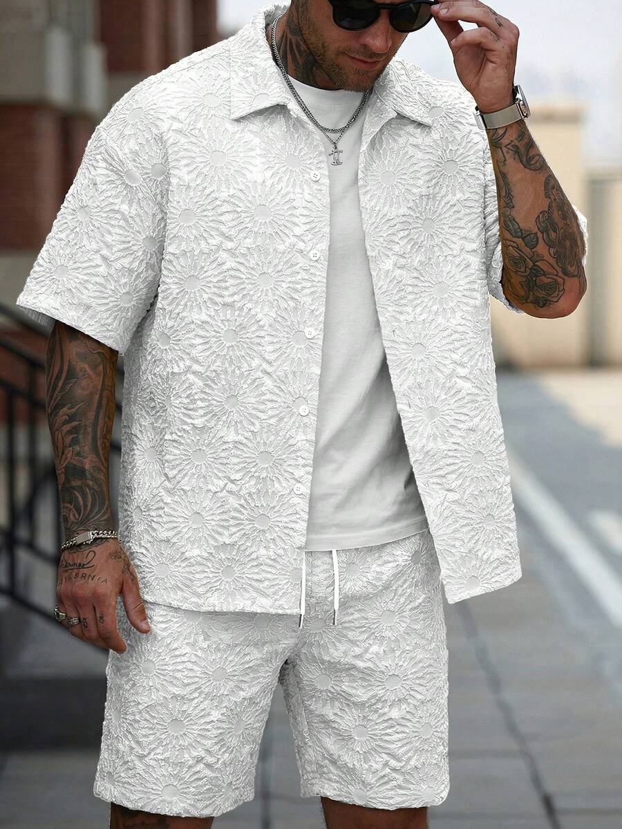 Manfinity CasualCool Conjunto de Camisa e Shorts Casuais Jacquard Masculino