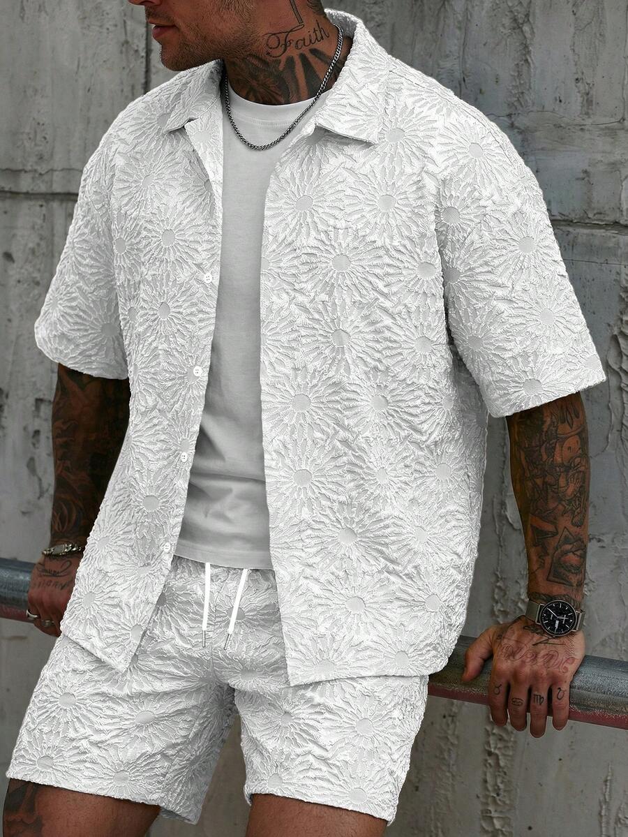 Manfinity CasualCool Conjunto de Camisa e Shorts Casuais Jacquard Masculino