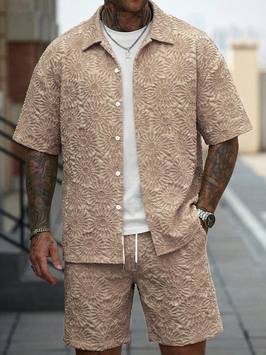Manfinity CasualCool Conjunto de Camisa e Shorts Casuais Jacquard Masculino